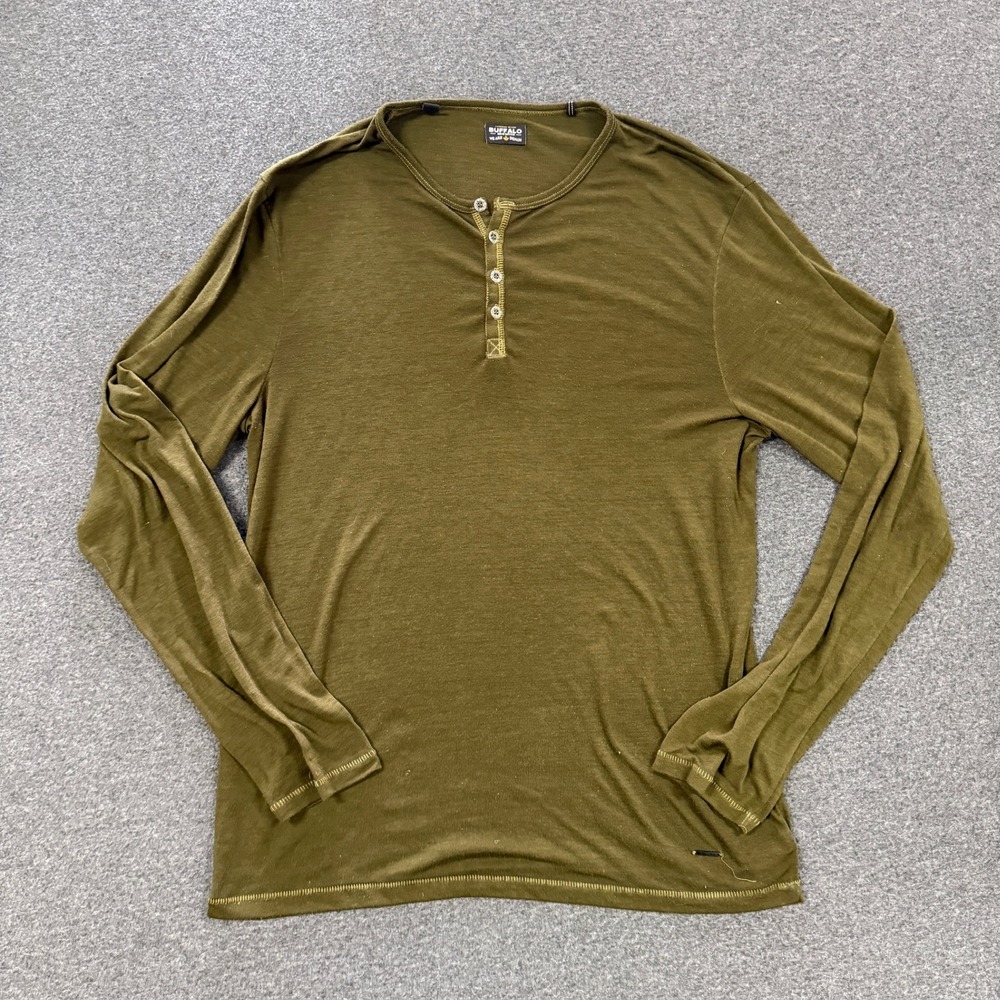 Buffalo David Bitton Henley Shirt Mens L Green Good Long Sleeve Contrast
